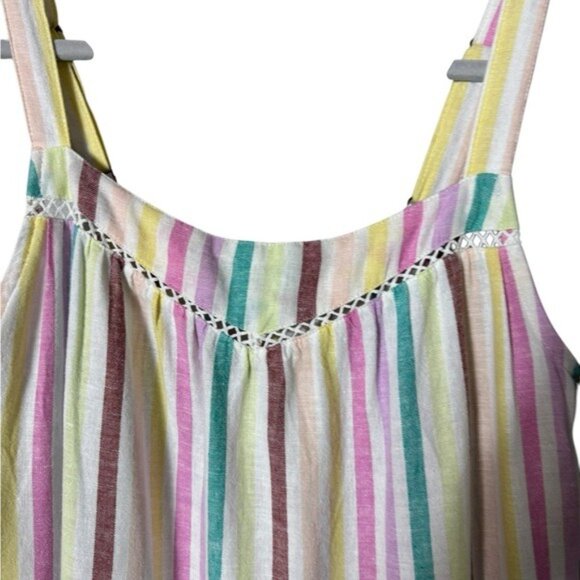 Cottagecore Linen Maxi Dress Large Rainbow Beachy Striped Ruffle Feminine Pastel - Picture 3 of 11